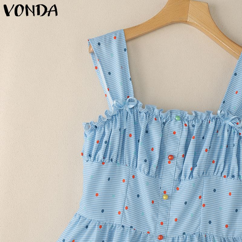 VONDA Rochie Mini Femei cu Bretele, Fără Mâneci, Imprimeu Buline, Casual, de Petrecere, Straturi, Plisată