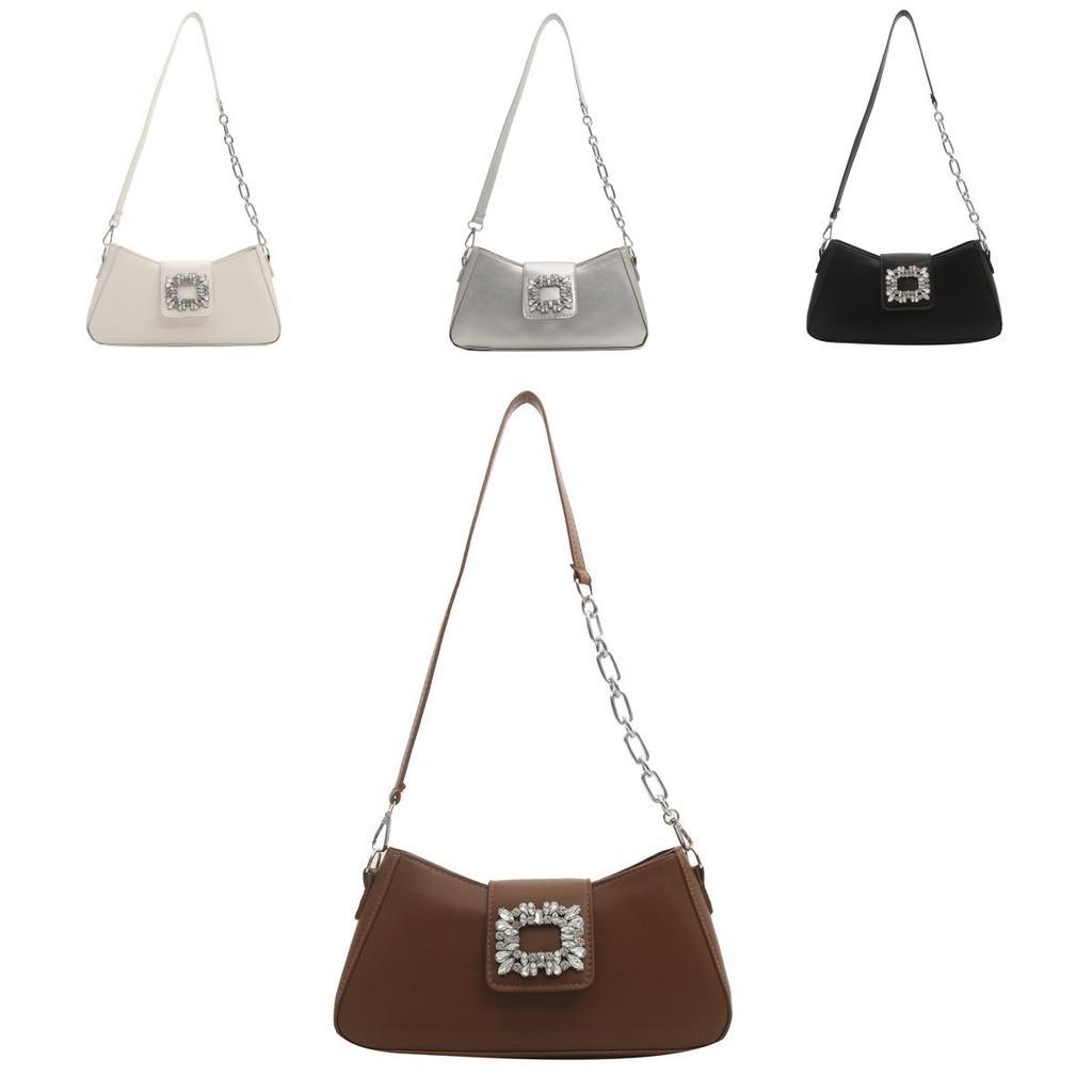 Stylish Korean Summer Casual Solid Color Shoulder Tote Bag With Shiny Rhinestones For Women