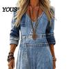 Asymmetric Hem Dress Denim Print Maxi for Women, Casual Long Sleeve V Neck Dress, Summer Loose A-line Flowy Vacation