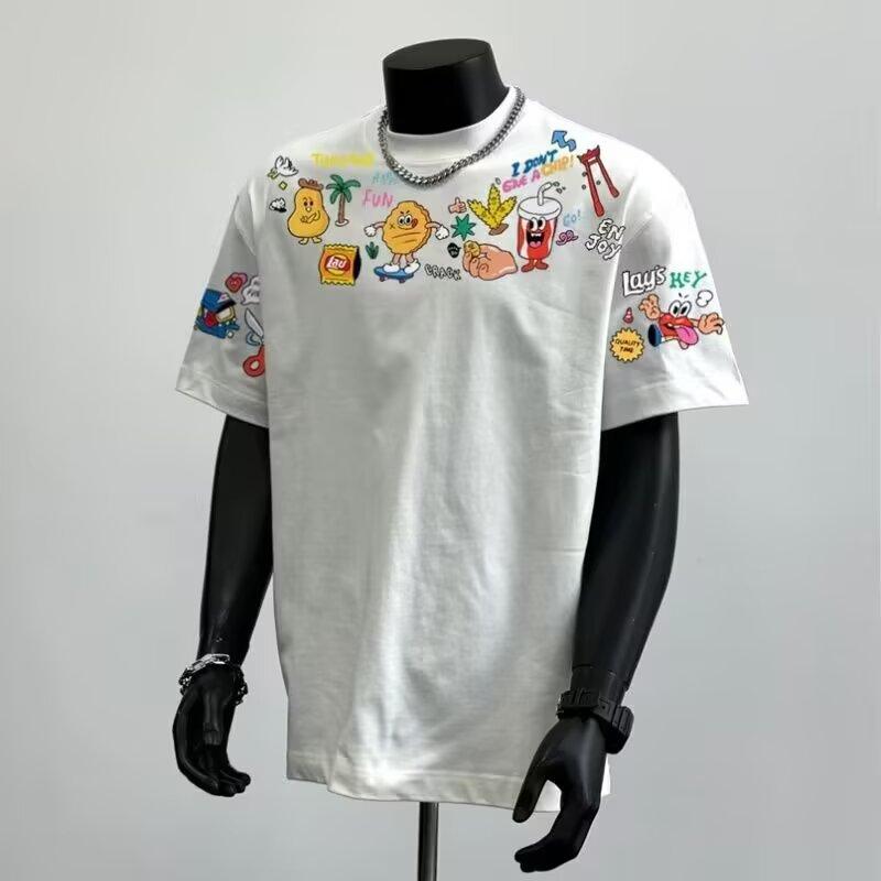 

Американская трендовая футболка с мультяшным принтом, повседневная, с коротким рукавом, для мальчиков, на лето, нишевый свободный топ 5XL белый