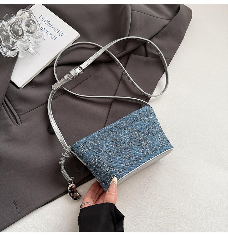 

Light Luxury Sequined Small Bag Women s Shoulder Bucket Bag Denim Blue Chain Messenger Bag темно-синий