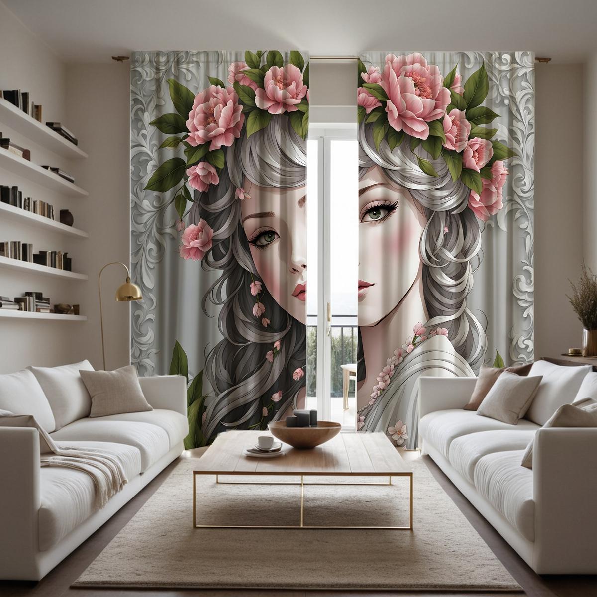 

2 предмета HD мультяшной девушки с гирляндой декоративная занавеска Белый галстук цифровая печать занавеска Домашнее украшение стиль Украшение l W52H63inchW132H160cm