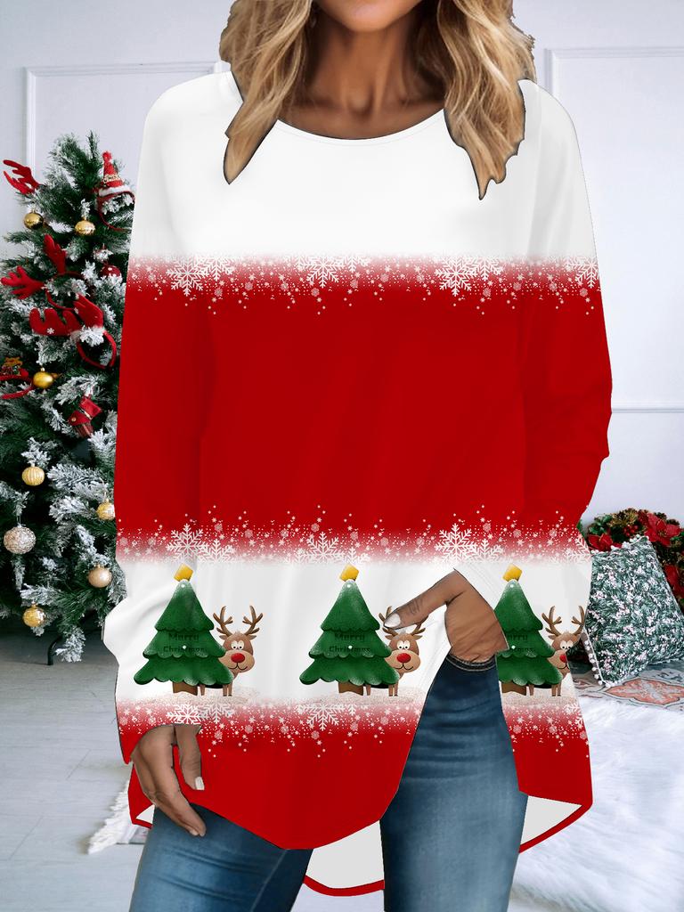 Plus Size Women Spring Christmas Printed Comfy Long Sleeve Round Collar T-shirt Casual Baggy Mid Length Tee Tops