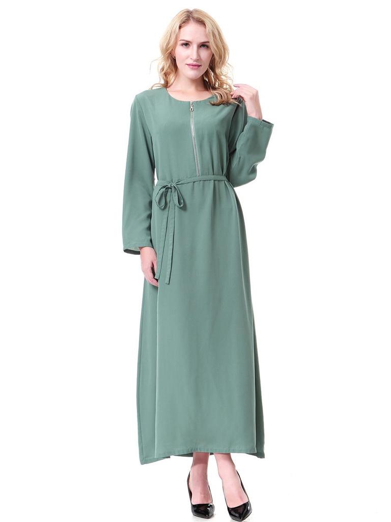 Women's Round Neck Solid Chiffon Zipper Long Dress, TH913