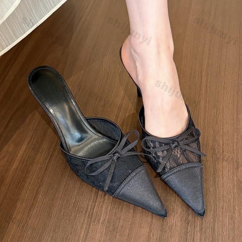 Women' High Heels Lace Thin Heels Sandals Bow-knot Outdoor Slippers Sexy Half Drag Women's Summer Elegant Medium Heel Shoes