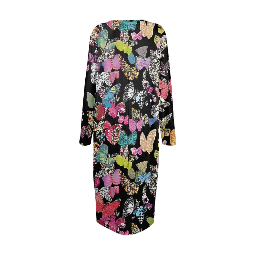 Women's Fashion Casual Long Sleeve Floral Print Round Neck Pocket Elegant Temperament Dress