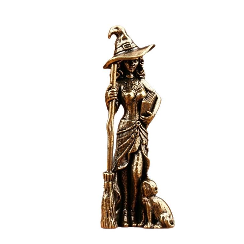 Brass Magic Witch Miniature Statue Retro Collectible Figurine Creative Desktop Ornament for Theme Party Home Decor Gift