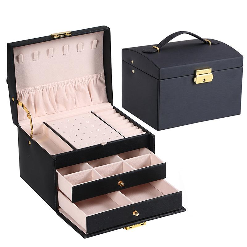 Simple Three-layer Leather Drawer Jewelry Box, Earrings, Jewelry Storage Box, Earrings, Earrings, and Locked Jewelry Box.