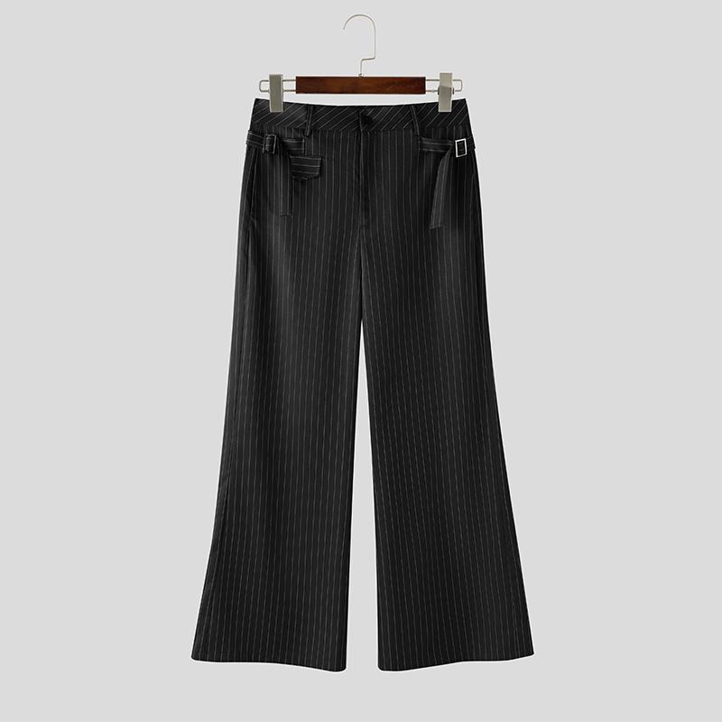 INCERUN Men Casual Zipper Waist Striped Wide Legs Pants Long Trousers