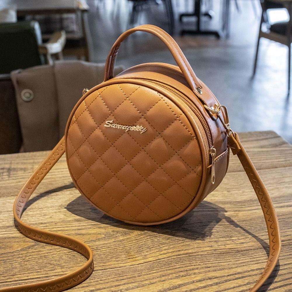 

PU Leather Small Round Bag Summer Solid Color Zipper Women Shoulder Bag Lingge Embroidered Travel Handbag коричневий