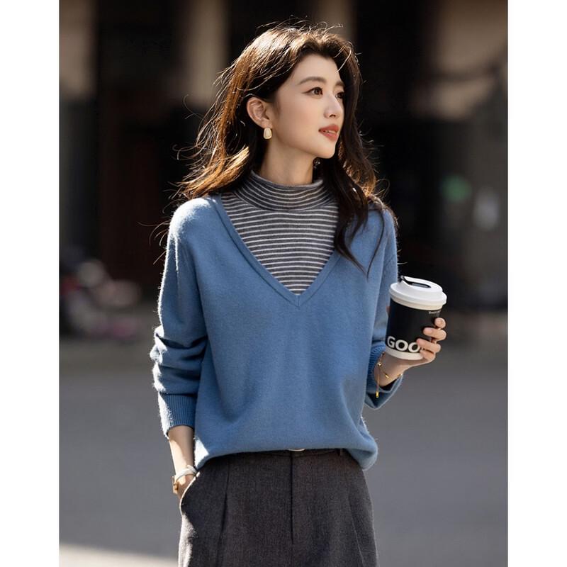 Demana Women s Faux Two-Piece Striped High-Neck Knit Sweater XL