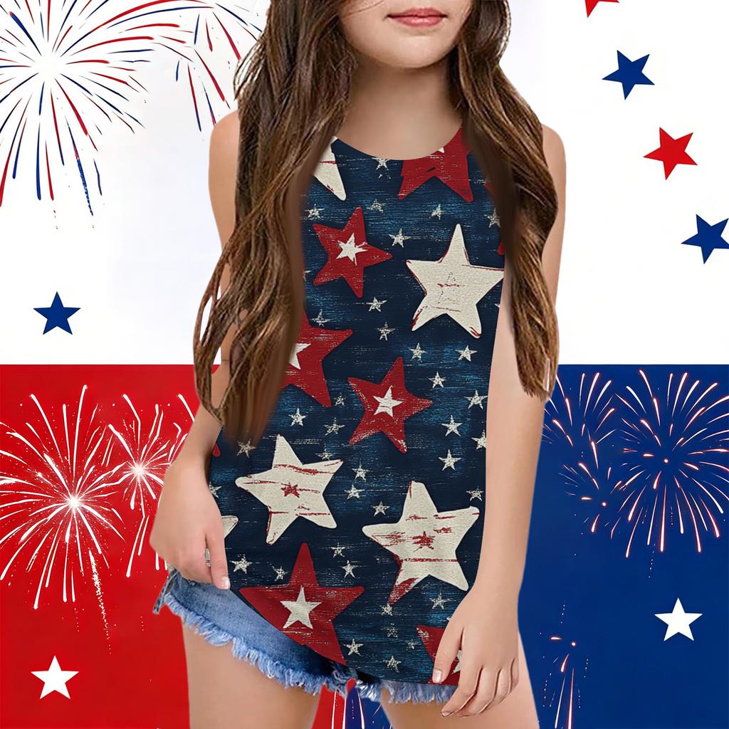 Girls  Kids Summer Crewneck Sleeveless Shirts Tank Tops Independence Day