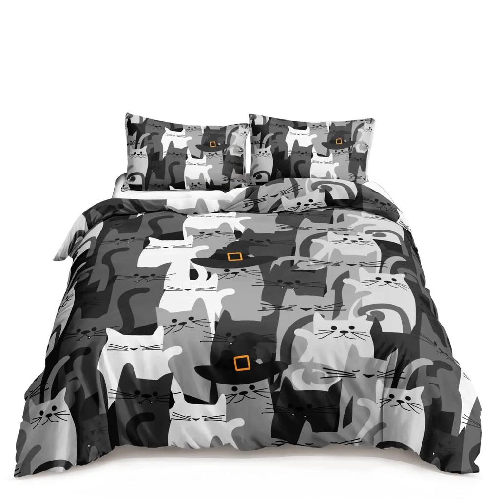 Kawaii Cat Duvet Cover Set for GirlsCute Cartoon Animal Kitten Bedding Set Lovely Romantic Theme Soft Comforter Cover Full Size