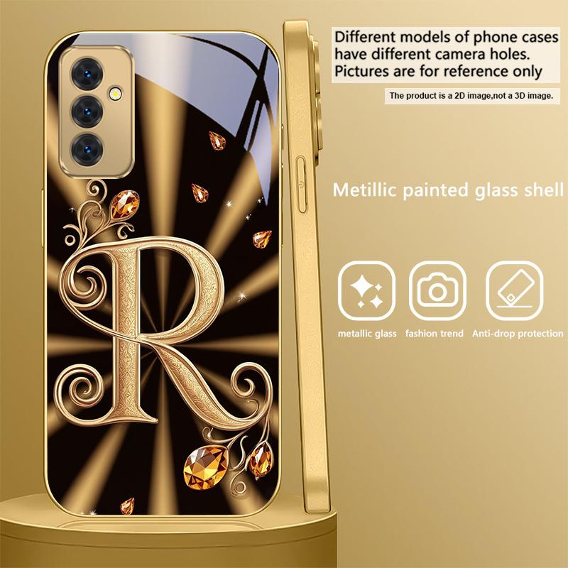 Gorgeous letter gold "R" For Samsung A 31 32 A33 A34 35 14 A15 13 16 25 26 50 52 53 54 55 56 70 71 72 73 Golden glass phone case