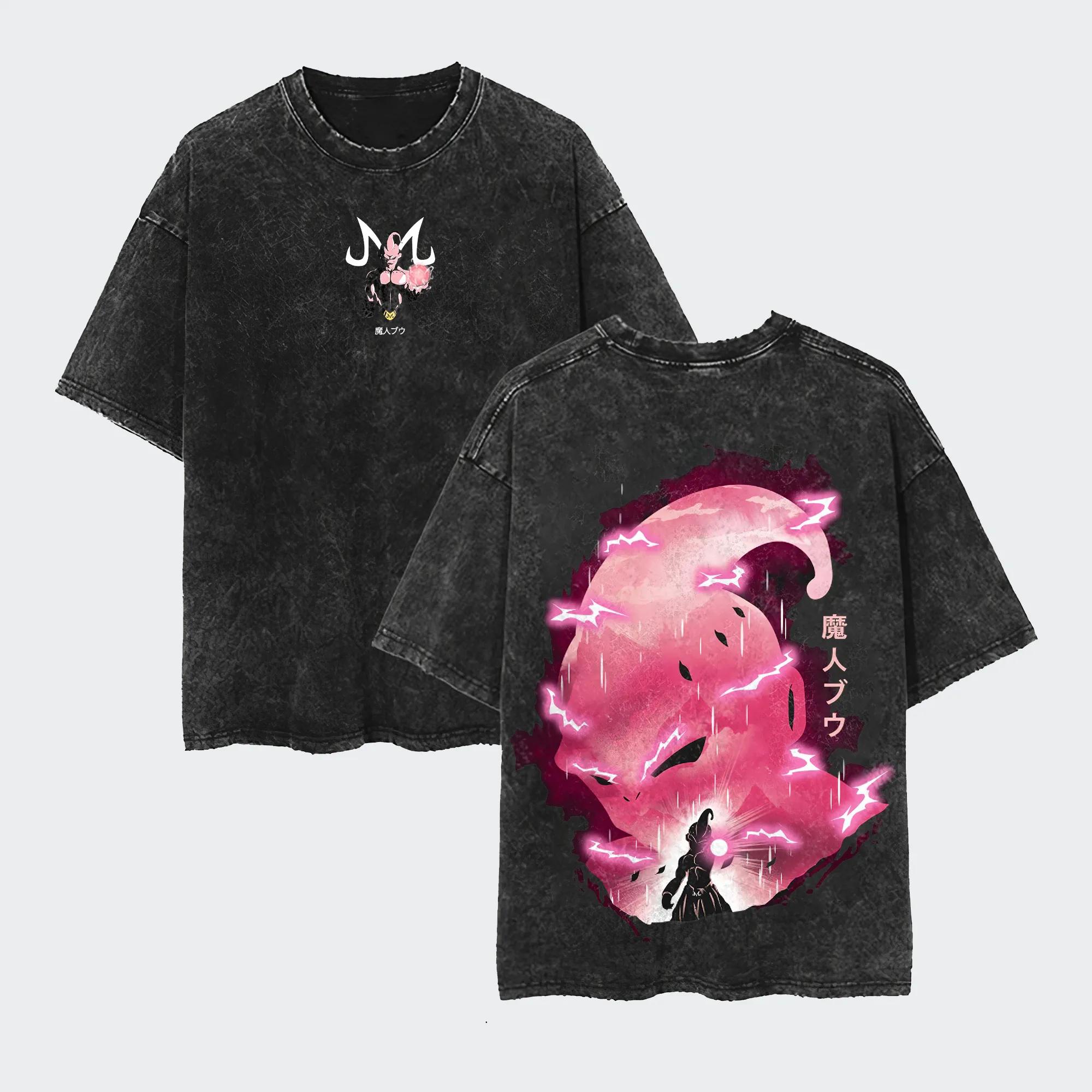 Majin Buu T Shirt Men Acid Wash Oversized Anime Kid Buu Pink Lightning Graphic Cotton Vintage Gym Streetwear Manga Tee Top M