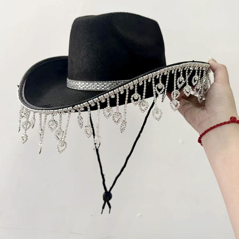 Glänzender Sommer-Cowgirl-Hut mit Herz-Strass-Fransen für Hochzeiten