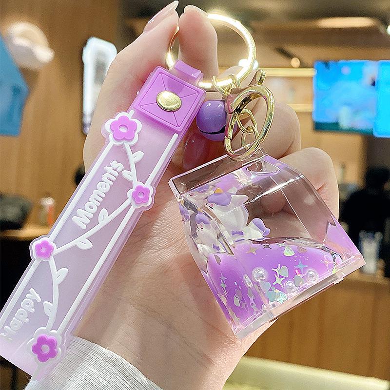 Purple Star Liquid Quicksand Keychain with Cherry Blossom Oil-Filled Pendant - Cute 3D Backpack Charm for Women