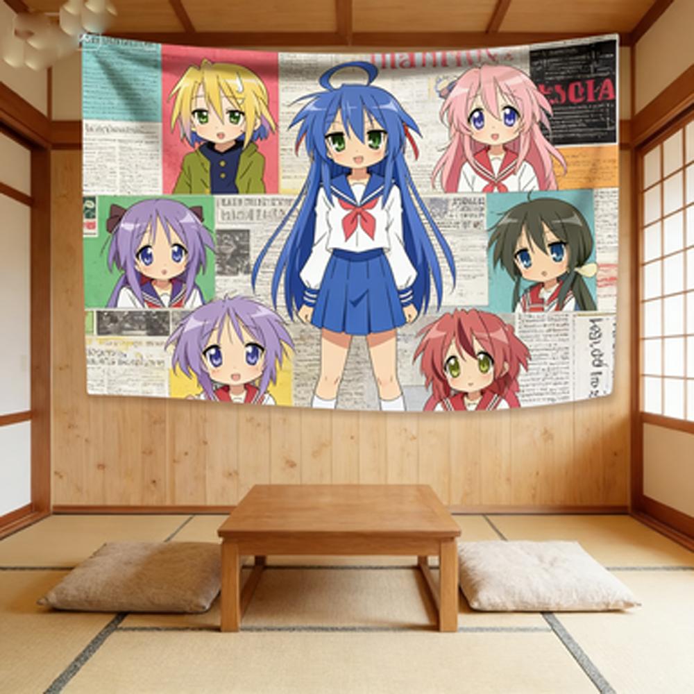 Lucky Star Full Cast Otaku Kawaii Tapestry Girly Decor Bedroom Wall Styling Kawaii Photo Backdrop