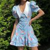 LYRIA Print Puff Sleeves Ruffled Dress Women's V-Neck High Waist Pearl Buttons Mini Dress Female Casual Vacation Fashion Dress