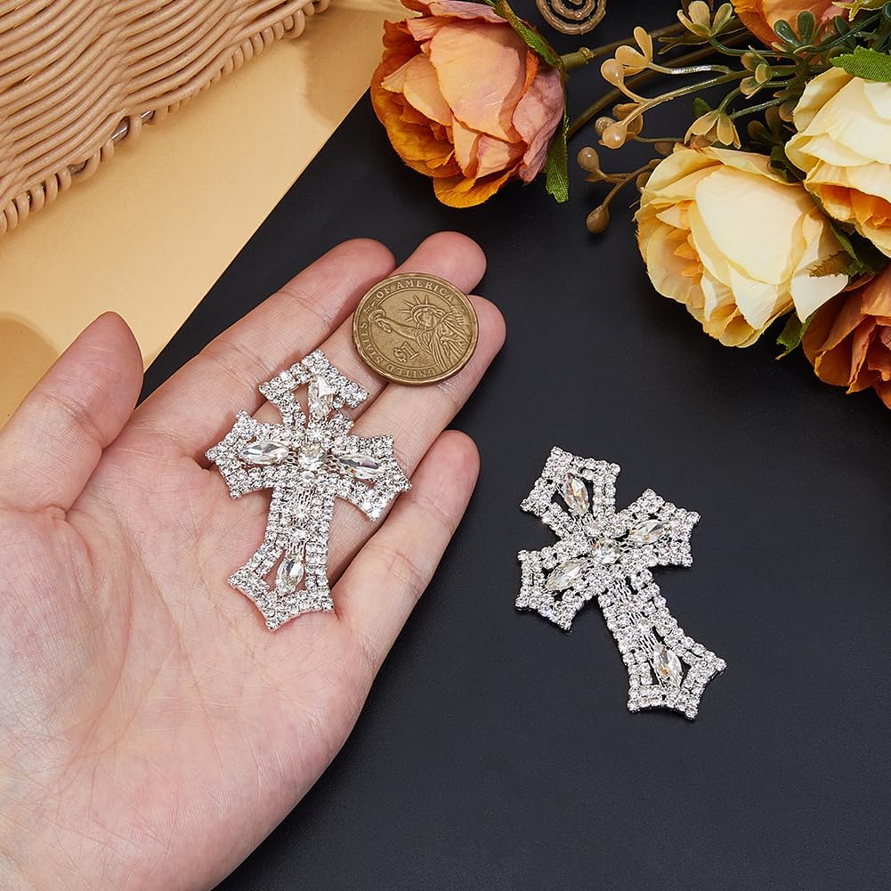 SUPERFINDINGS 2Pcs Silver Rhinestone Cross Applique Craft Crystal Patches Sew on Flat Patches Decorated DIY Sewing with Sparkly Belt Appliques