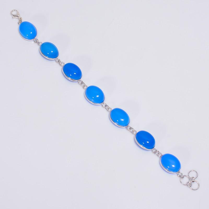 Blue Chalcedony Sterling Silver Bracelet handmade Silver Bracelet Natural Blue Chalcedony Oval Shape Ethnic Style 7-8" WSJ-4639