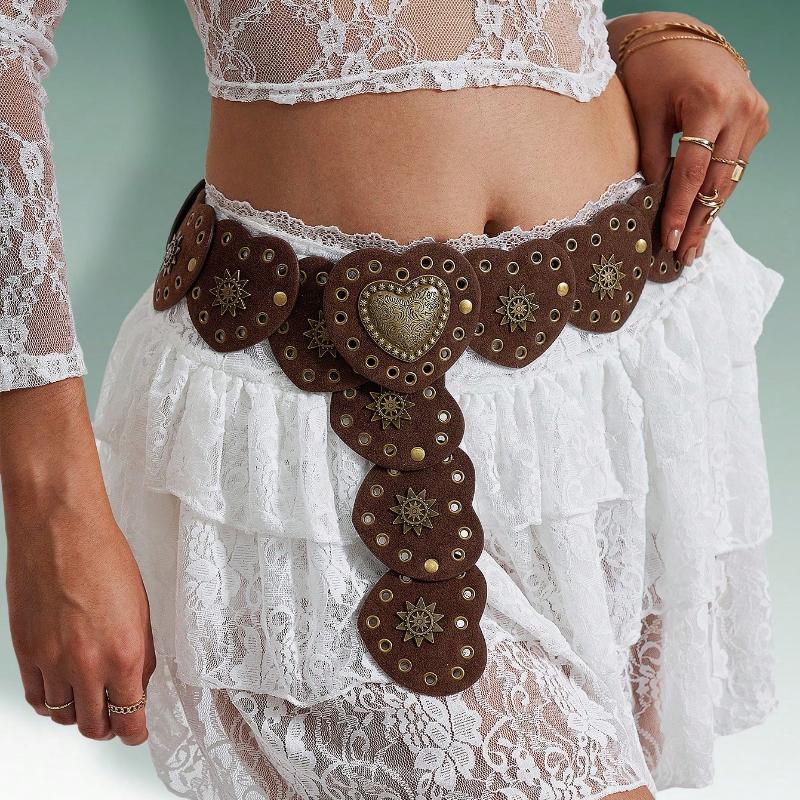 Hershine 1pc Vintag Chic Style Heart Patchwork Rivet Embellished Dress Belt, Suitable For Women's Daily & Party Wear Halloween Valentine's Day