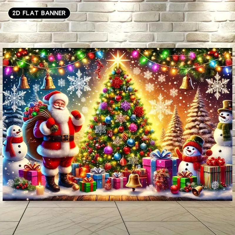 1pc 2D Flat Christmas Tree and Snowman Background Banner - Vibrant Holiday Wall Decoration with Snowflakes and Santa Claus, No P