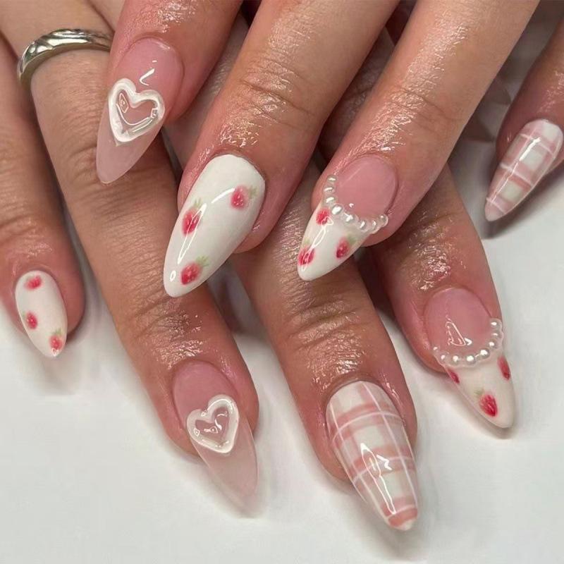30 Pieces Valentine s Day Light Pink 3D Strawberry Heart Plaid Almond Nail Tips