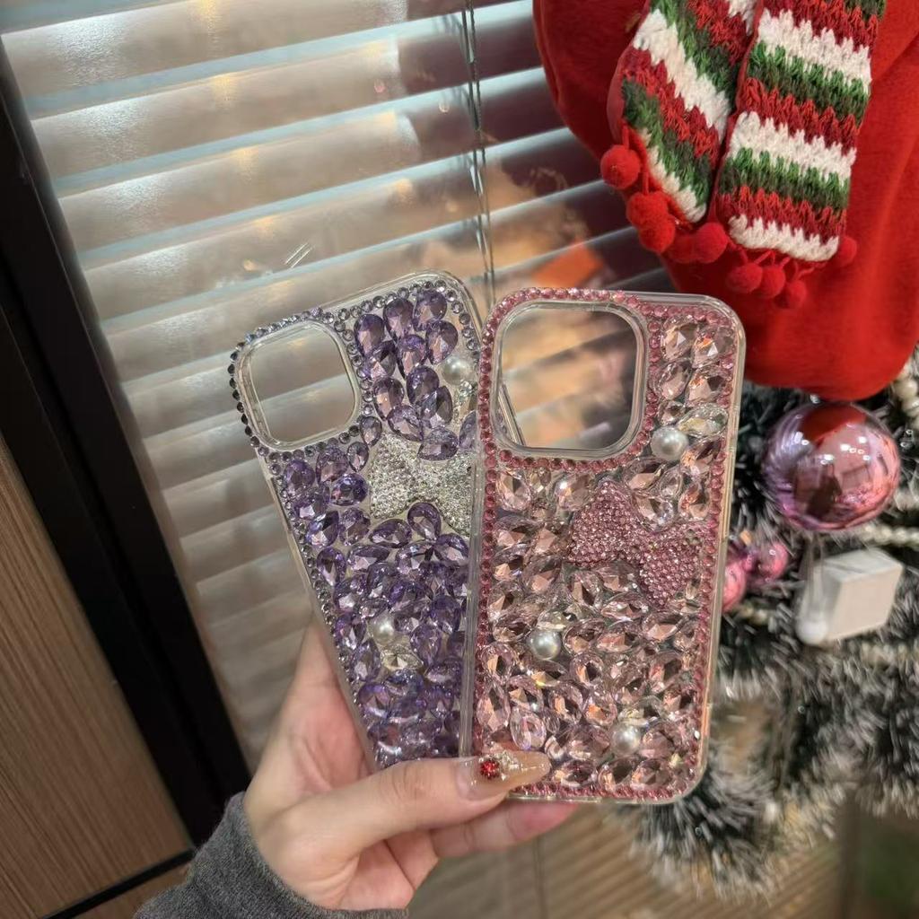 Stylish Glitter Diamond Bow Acrylic Shockproof Phone Case for for 17 16 15 14 13 12 11 Pro Max Handmade Luxury Ins Style