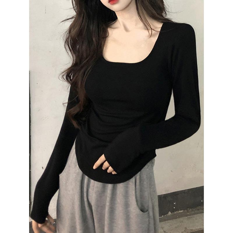 Autumn Winter Square Collar Solid Color Long Sleeve Tee Women Casual All-match Bottomed T-shirt Pullover Top