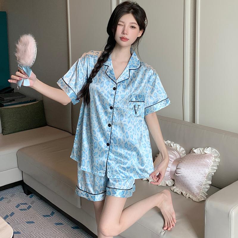 Letter V Summer Ice Silk Pajamas Women'S Cool Short-Sleeved Suit Blue Leopard Print Fashion High-End Loungewear