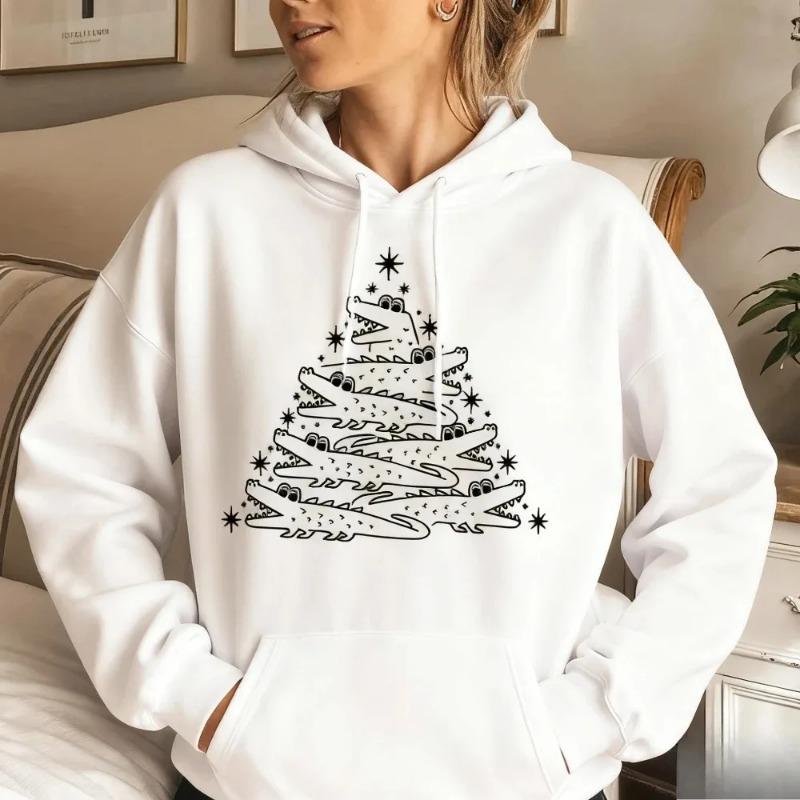 Christmas Sweatshirt Funny Xmas Alligator Tree Top Christmas Gift Women Daily Apparel Christmas Autumn Winter Long Sleeve Hoodie