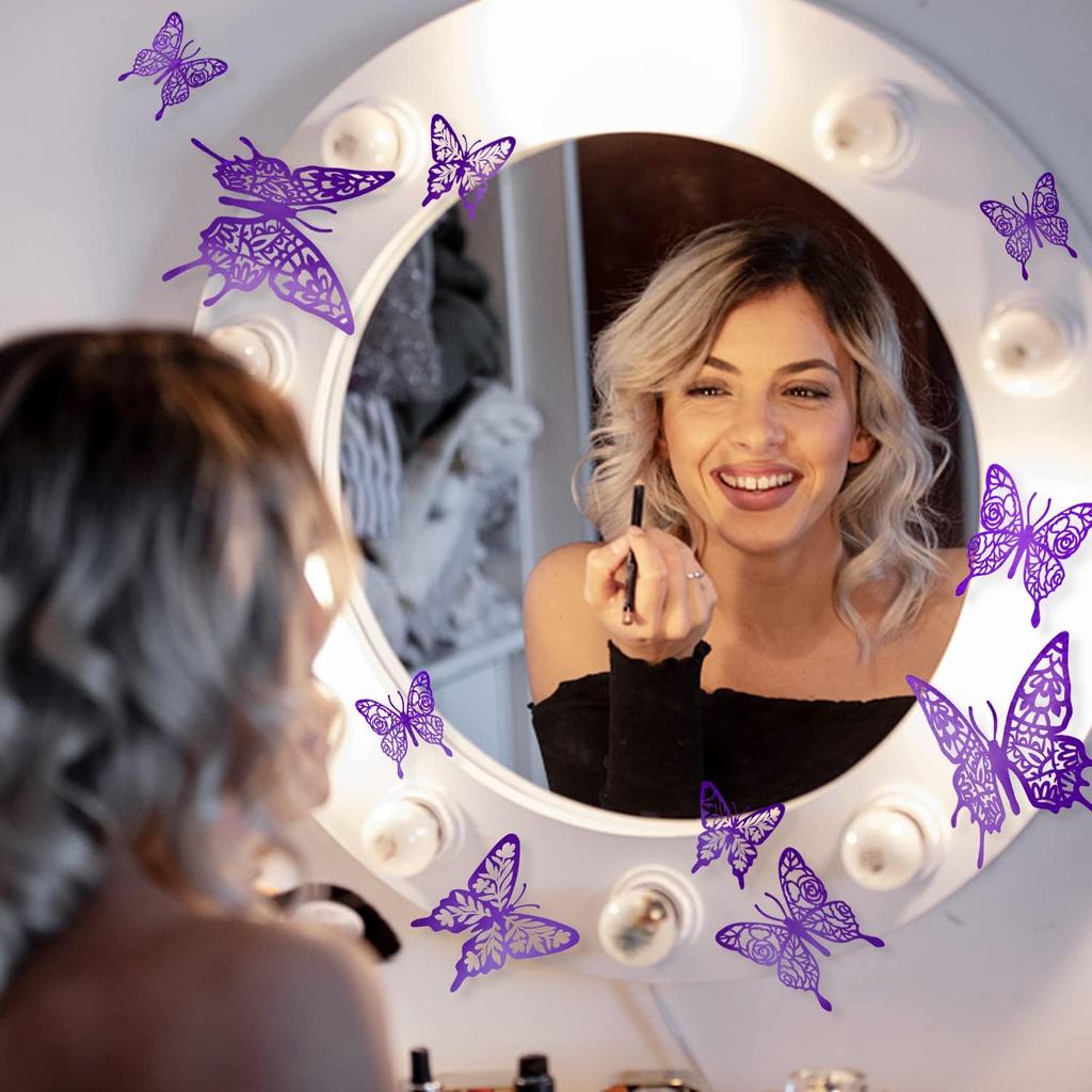 Purple Butterfly Stickers Decor 48pcs 4 Styles 3 Sizes Butterfly Decorations Butterfly Party Cake Decorations 3D Butterfly Stickers Decals for Girls