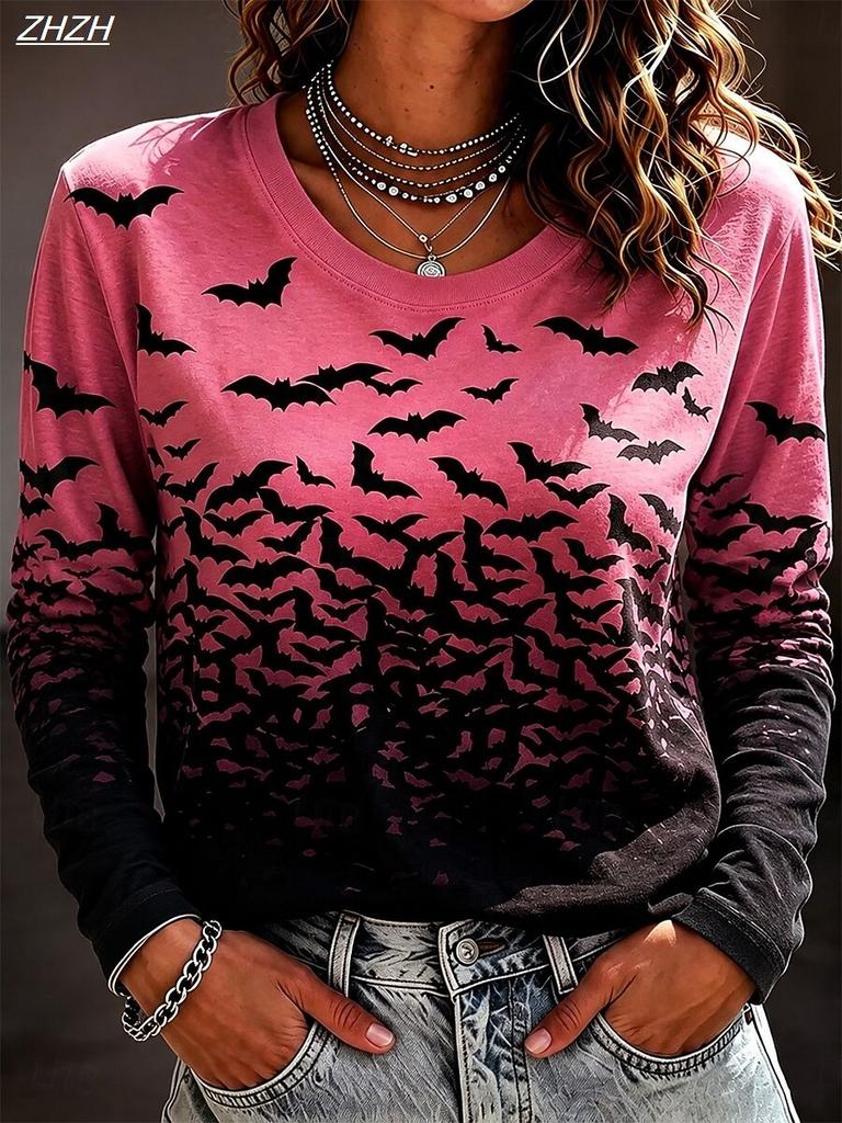 Women Halloween Full Bat Print Long Sleeve T‑Shirt Crew Neck Casual Gothic Fall Party Graphic Top