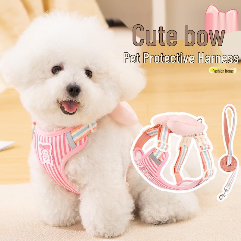 Four-Season Anti-Escape Harness with Bow Tie for Small Dogs - No Choke Leash, Ideal for Pet Walking and Gardening.