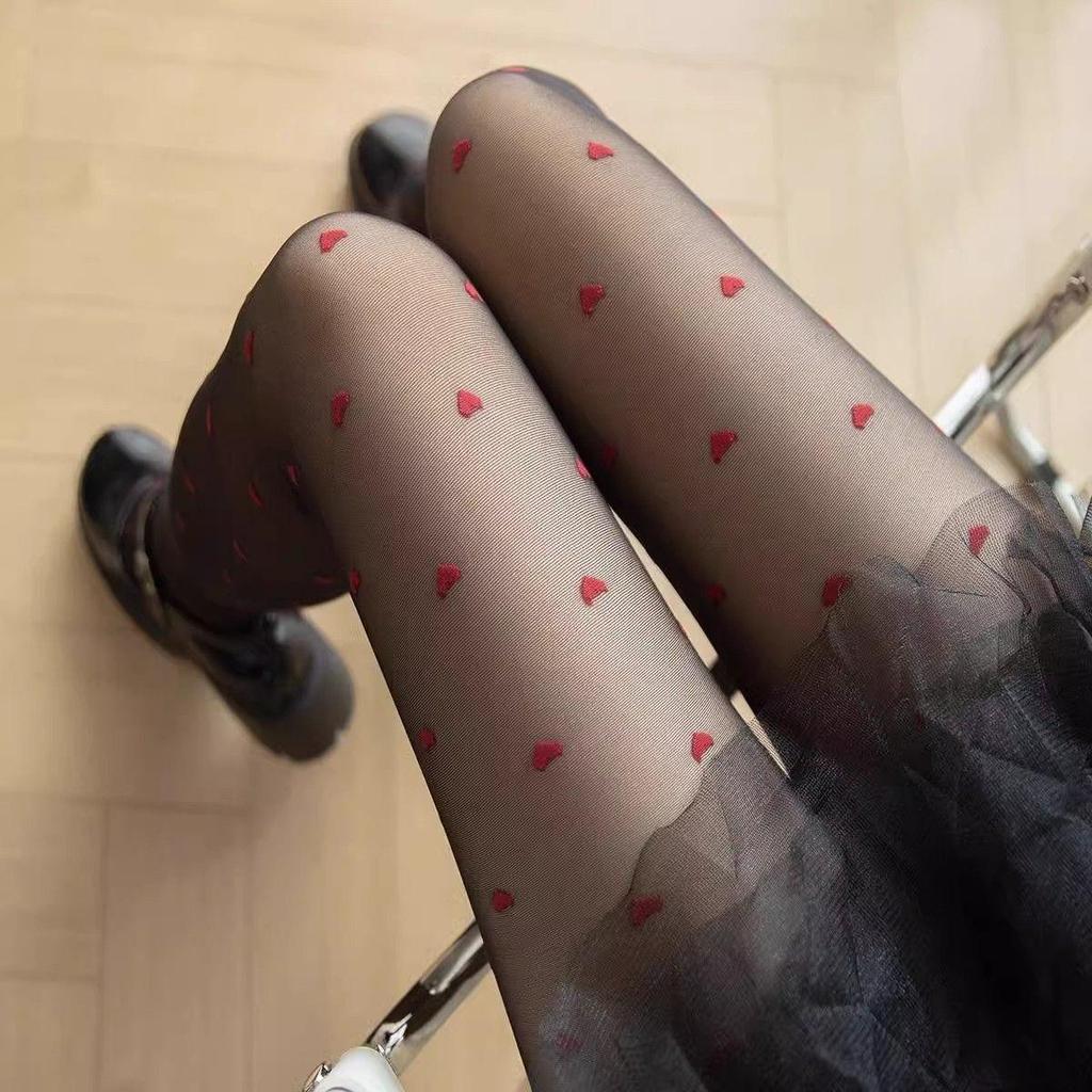 Japanese Black Silk Pattern Polka Dot Love Jacquard Pantyhose - JK Lolita Style