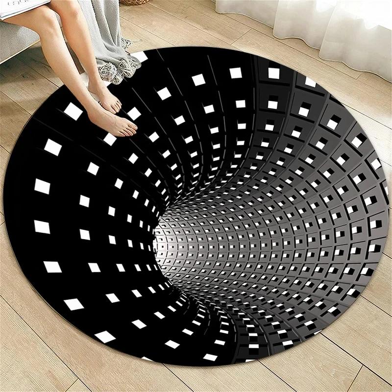 Crystal Velvet Psychedelic Round Rug, Abstract Geometric Illusion Print Non Slip Floor Mat for Living Room, Bedroom, Sofa Decor