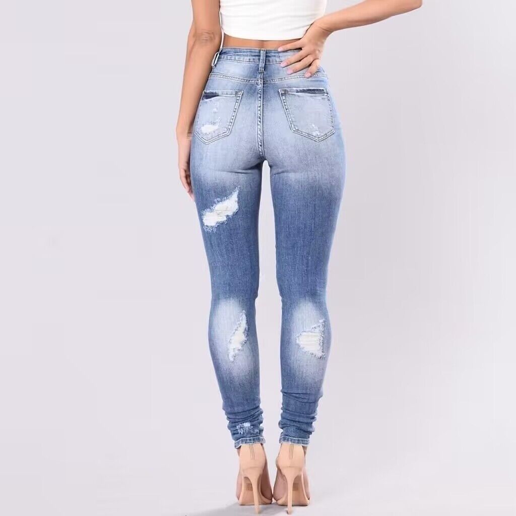 Jeans Ajustados de Cintura Alta para Mujer, Pantalones de Mezclilla Ajustados, Rasgados, Desgastados, Casuales, Skinny Jeans para Verano, Uso Diario