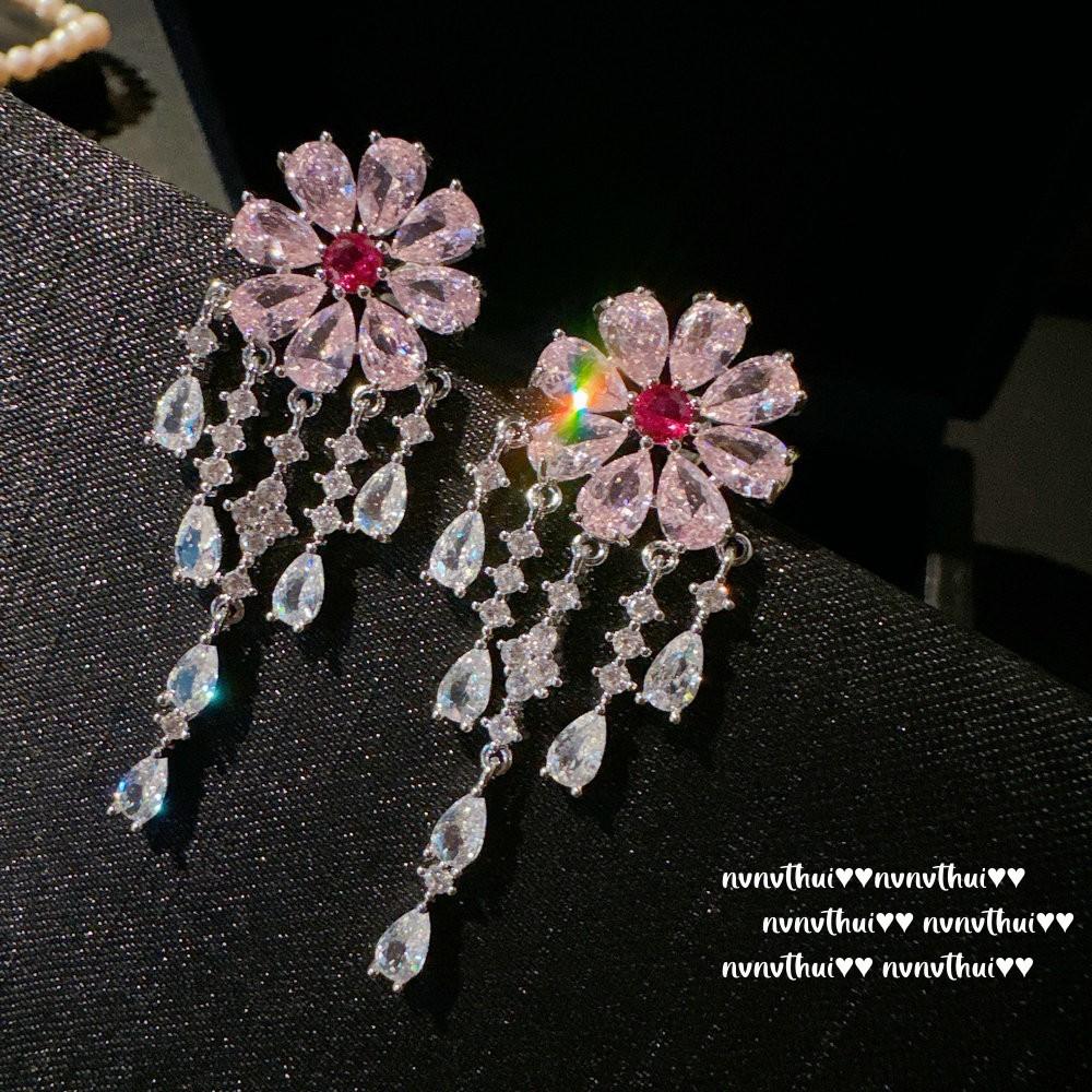 Flower Fairy Sugar Cube Gem Pearl Shredded Silver Necklace, Papalacha, Argyle Pink Flower Zircon Earrings