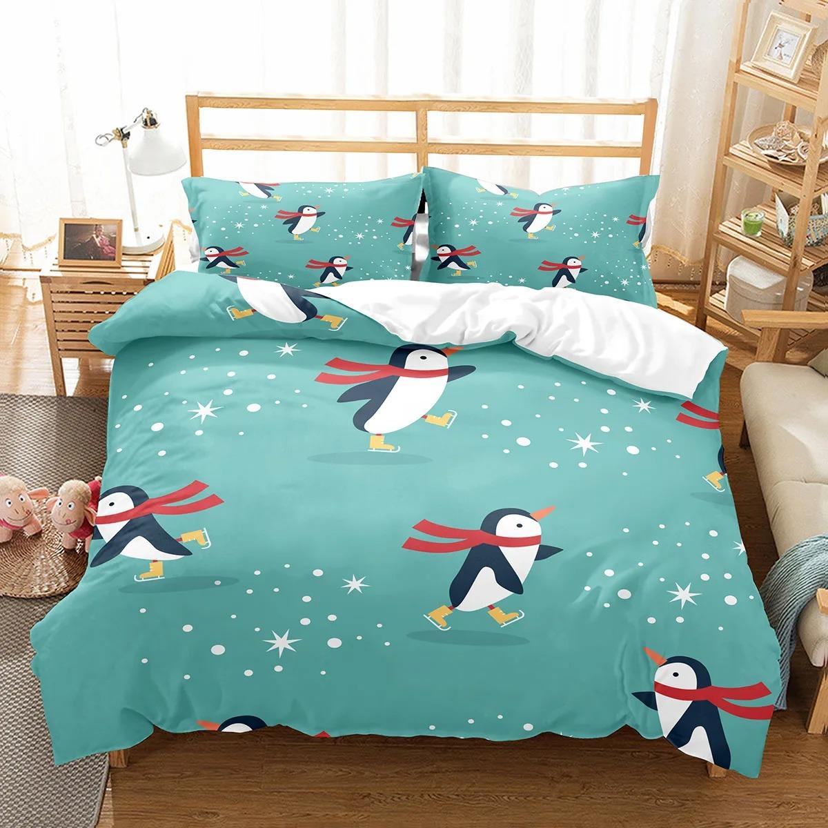 Schattig Pinguïn Patroon Dekbedovertrek Collectie Schattige Kawaii Dieren Voor Jongens Meisjes Slaapkamer Decoratie Polyester Dekbedovertrek King Queen Maat EU single(135x200cm)