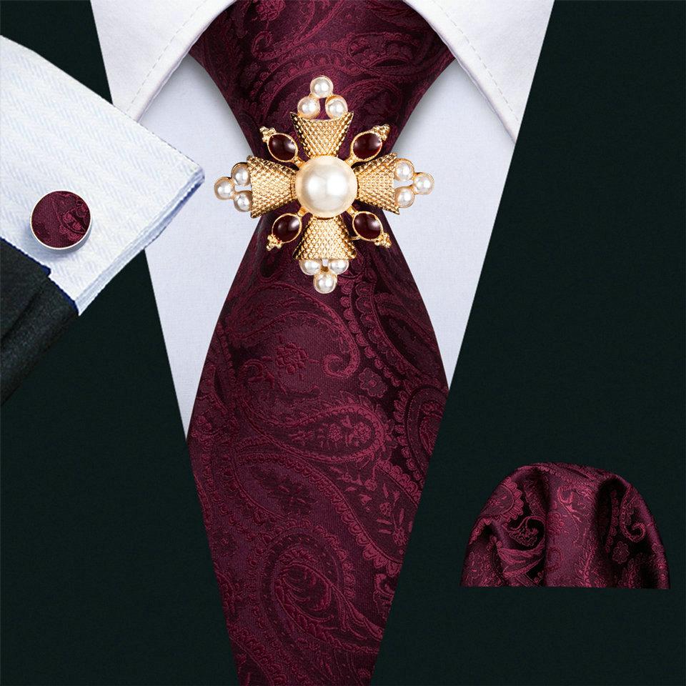 16 Styles Tie with Pearl Brooch for Men Paisley Woven Necktie Hanky Cufflinks Set Wedding Formal