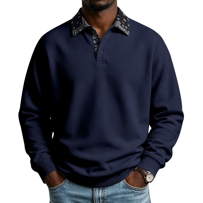 Mens Paisley Pattern Fleece Long Sleeve Polo Shirt American High Street Style