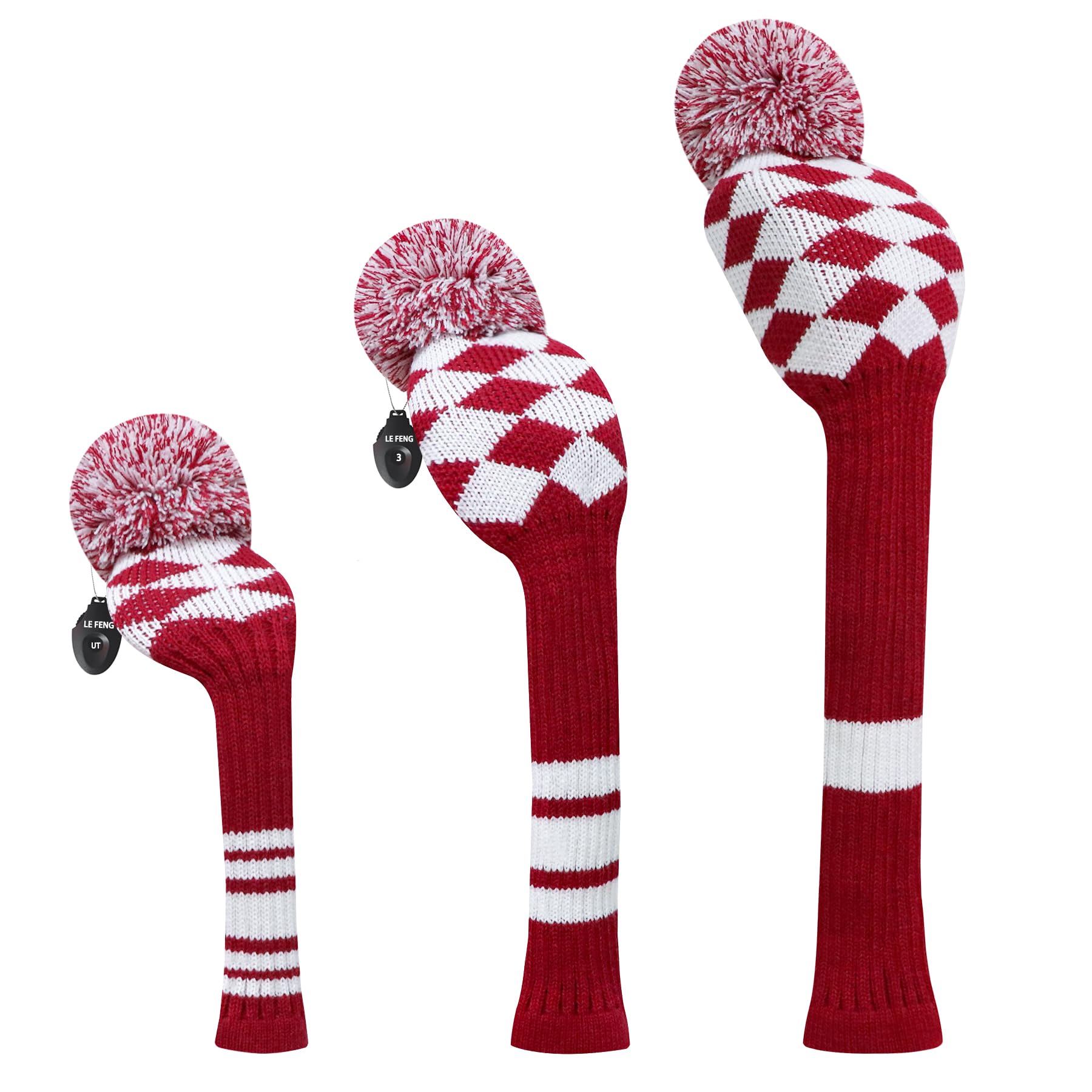 

LeFeng Sports Чехол для головы клюшки для гольфа 3 шт. Вязаный, Совместим с и 5 вудами, Номерные бирки, Милые помпоны, Стильный, Легкий, Прочный, Белый 1, 3, (Красный плед)