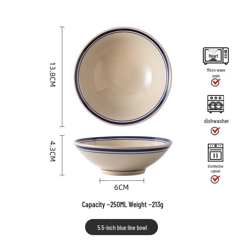 Vintage Double Blue Line Ceramic Noodle Bowl
