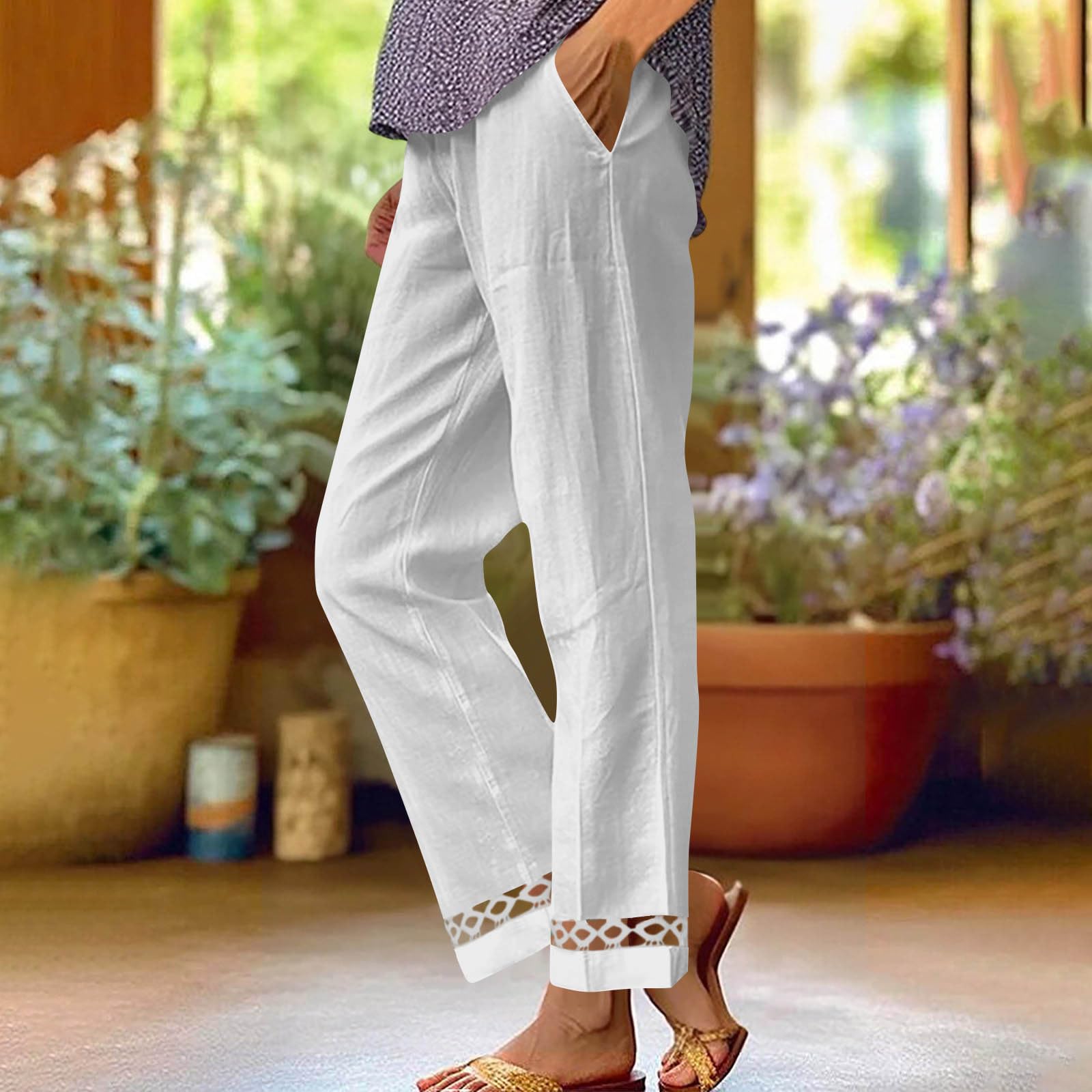 

Ladies Casual And Fashionable Loose And Lace Straight Leg Casual Pants XL білий