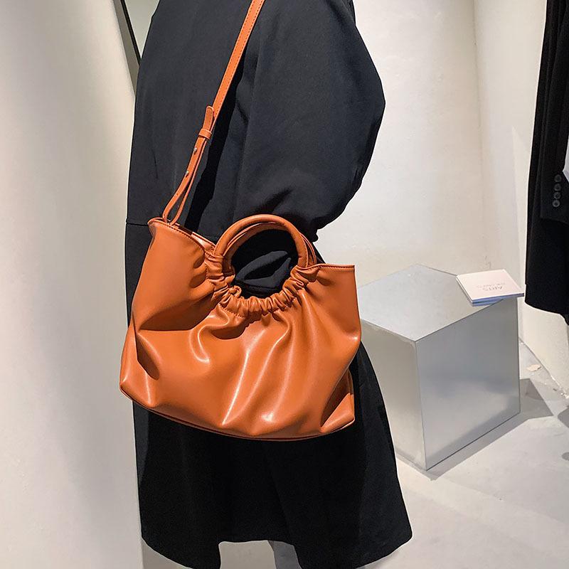 Vintage Stylish Casual Tote Bags for Women Soft Leather Round Handle Pleated Designer Handbags Oversized Shoulder Shopper