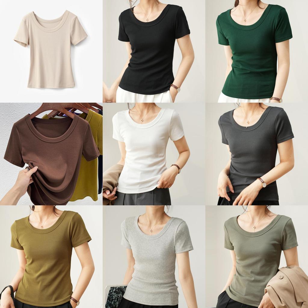 Casual Summer T Shirt For Women With High Elastic Ribbed Fabric And U Neck Design