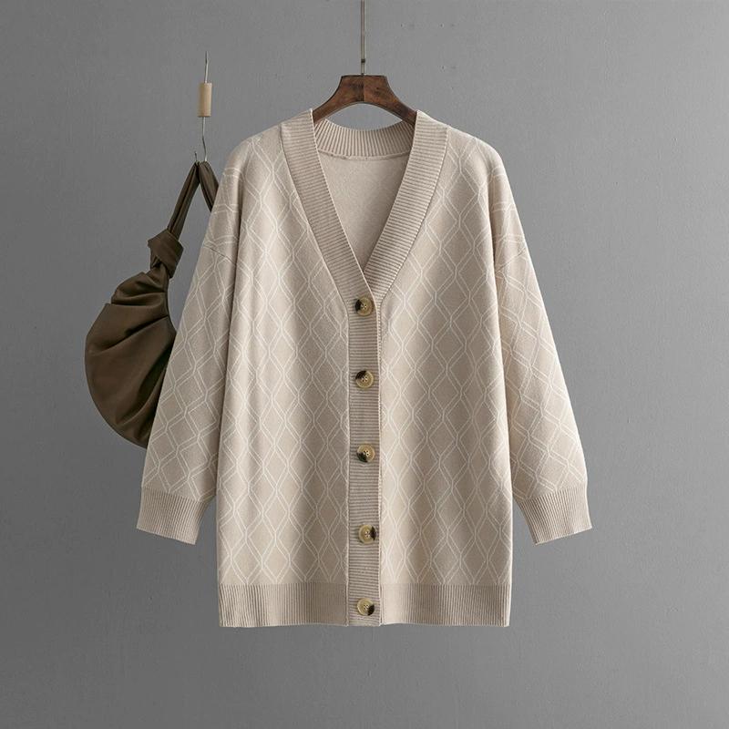 Autumn and Winter New V-neck Cardigan Sweater Cross-border Women's Casual Loose Diamond Grid Knit Sweater Jacket