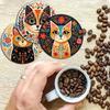 Retro Wooden Mandala Coasters Set Round Party Supplies Cat-Themed Cup Mat Heatproof Drink Pads for Bar, Office, Home Decor