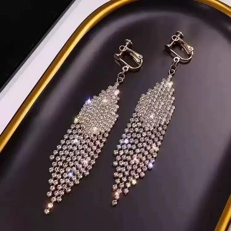 Eco-friendly Zircon Tassel Ear Clip Earrings - Elegant, No Piercing Needed
